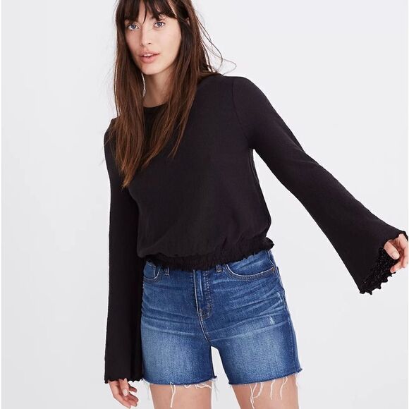 Madewell Black Textured & Thread Smocked Bell Sleeve Top Sz M - Picture 1 of 8